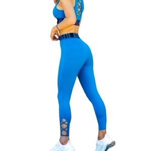 Alphalete High Rise Logo Waistband Criss Cross Ankle Blue Leggings Size S EUC